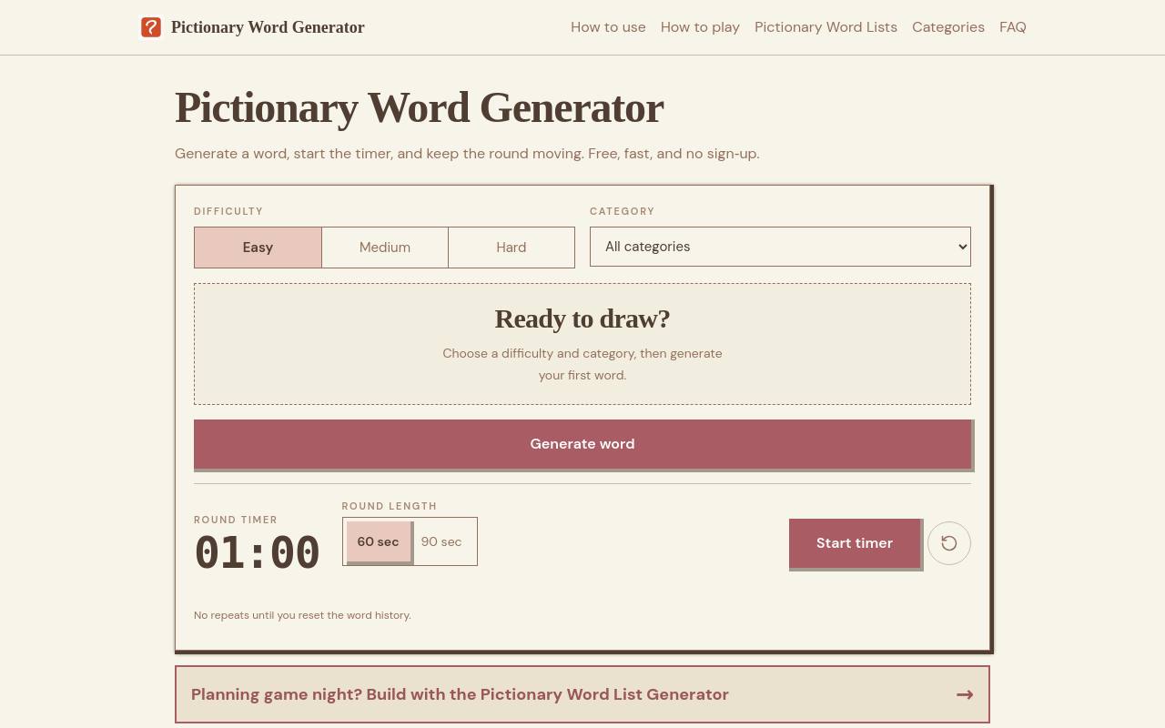 Pictionary Word Generator screenshot